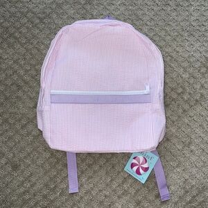 NWT Mint Brand Pink Seersucker Backpack With Purple Trim & Straps Zipper Close